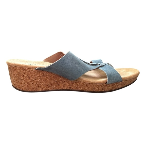 Clarks Elements Soft Suede Soft Cork Heel Cushion Thong Blue Sandal Sz 10 - Picture 6 of 13